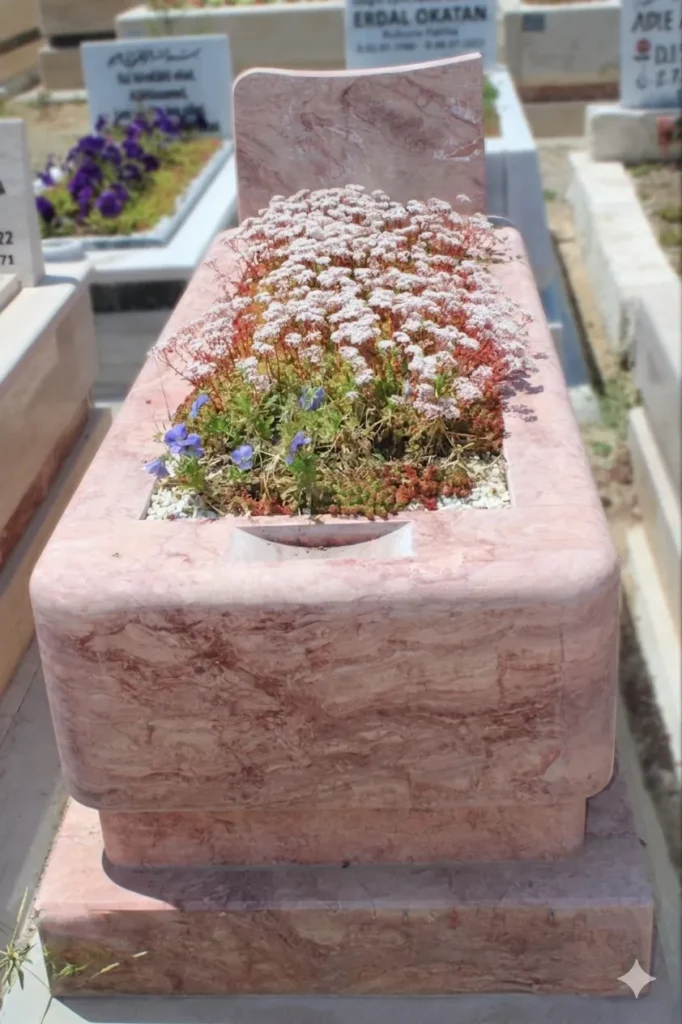 Pembe traverten mezar çiçeklendirme